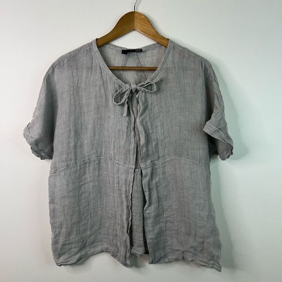 Eileen Fisher Sweaters - Eileen Fisher Gray Tie Neck Short Sleeve 100% Linen Lagom Minimalist Cardigan M